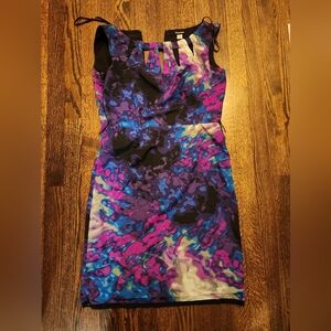 Beautiful blue and purple multicolor, sleeveless, a-line dress. Zipper back deta